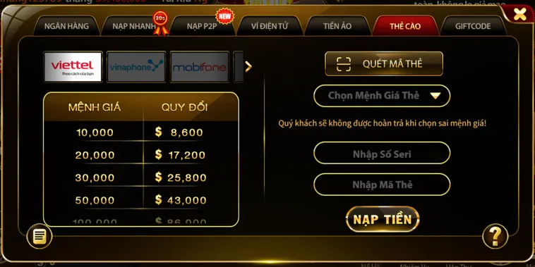 Nạp tiền qua thẻ cào nhanh chóng tiện lợi được ưu tiên lựa chọn tại cổng game Hitclub.